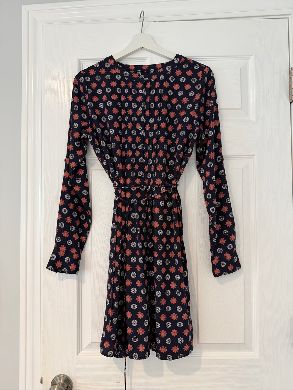 LOFT Navy Button-Down Dress with Floral Pattern